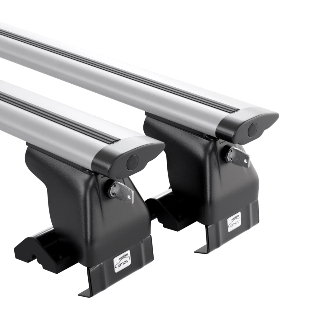 Bagażnik bazowy AMOS Dromader D1 Aero Black 1,4 m — aluminiowe belki aero na stopach montażowych, ujęcie z bliska