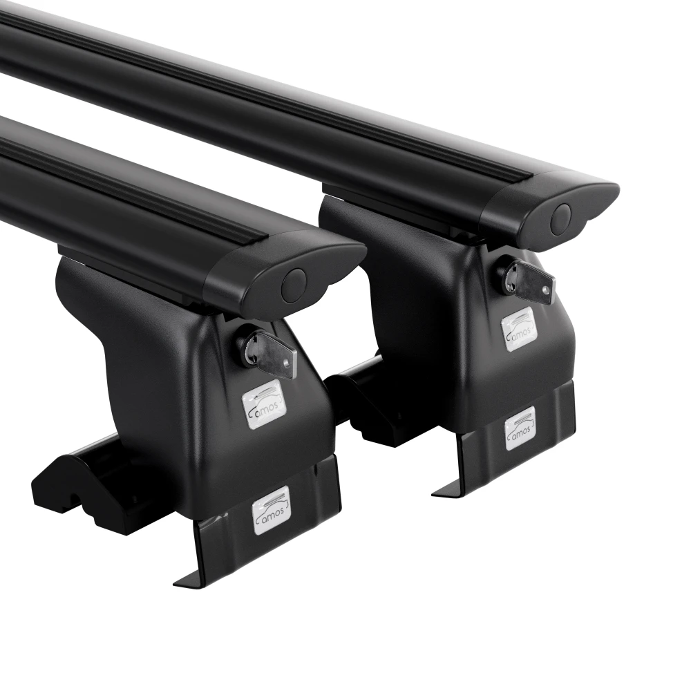 Bagażnik bazowy AMOS Dromader D1 Dynamic Black 1,4 m — czarne belki aero na stopach, zbliżenie