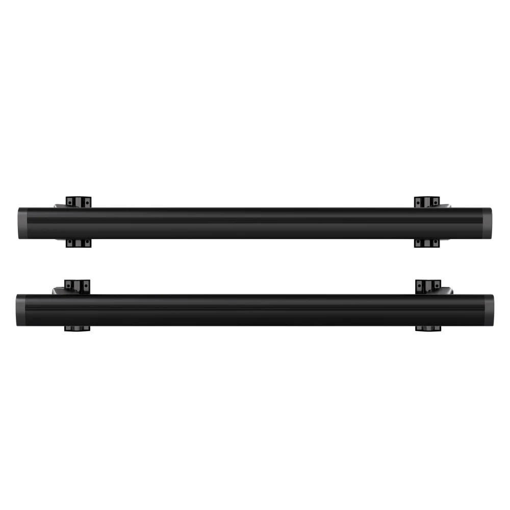 Bagażnik bazowy AMOS Dromader D1 Dynamic Black 1,4 m — dwie czarne belki aero ze stopami, widok z góry