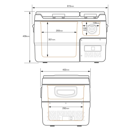 Rysunek techniczny lodówki Yolco DX30 Grey z wymiarami zewnętrznymi i komór
