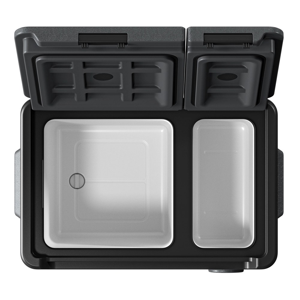 Wnętrze lodówki Yolco DX30 Grey z góry — duża i mała komora Dual Zone