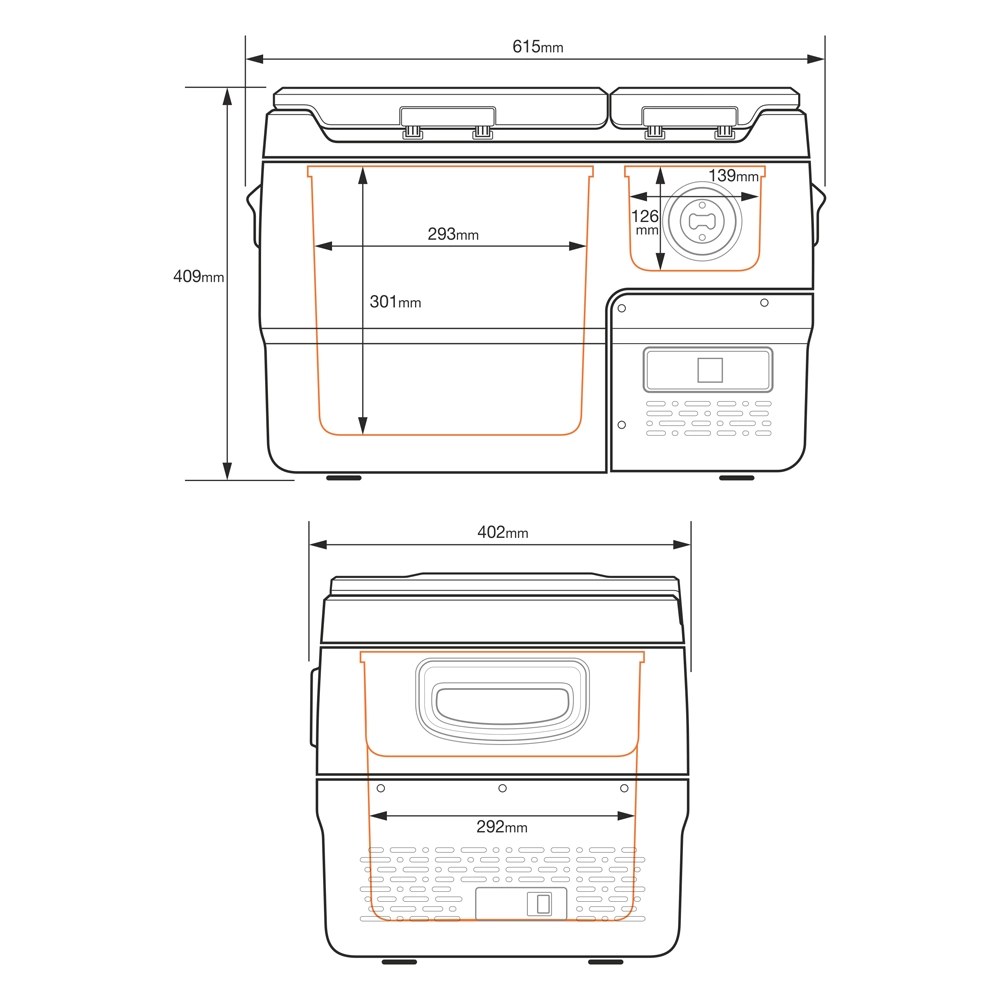 Rysunek techniczny lodówki Yolco DX30 Grey z wymiarami zewnętrznymi i komór