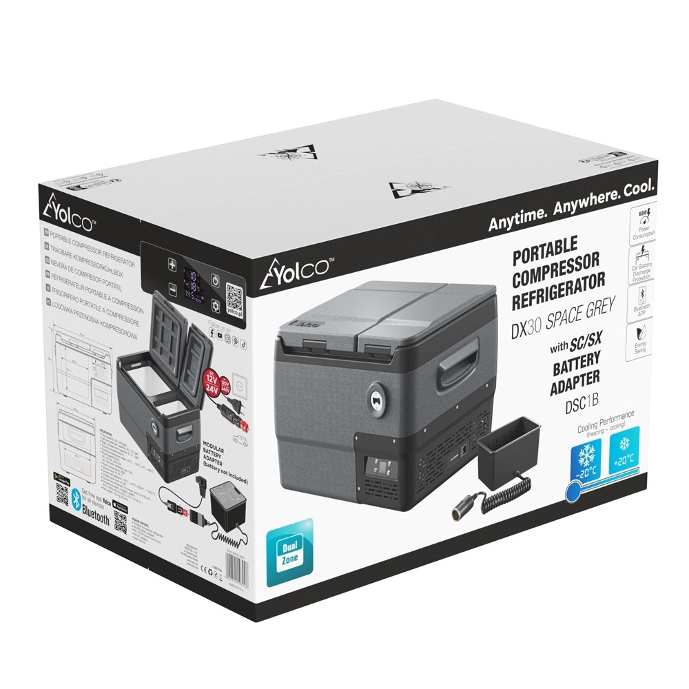 Opakowanie handlowe lodówki Yolco DX30 Grey z adapterem DSC1B