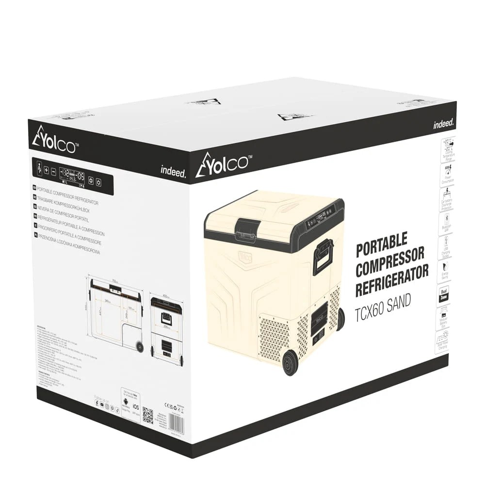 Lodówka turystyczna Yolco TCX60 Sand 63 L — nadruk na opakowaniu — Portable Compressor Refrigerator.webp