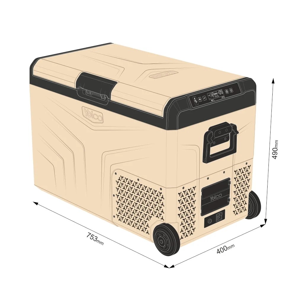 Lodówka turystyczna Yolco TCX50 Sand 52 L — rysunek techniczny z wymiarami zewnętrznymi 753 × 400 × 490 mm.webp