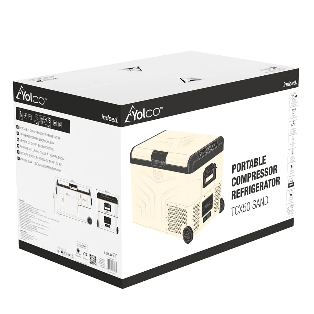 Lodówka turystyczna Yolco TCX50 Sand 52 L — nadruk na opakowaniu — Portable Compressor Refrigerator.webp