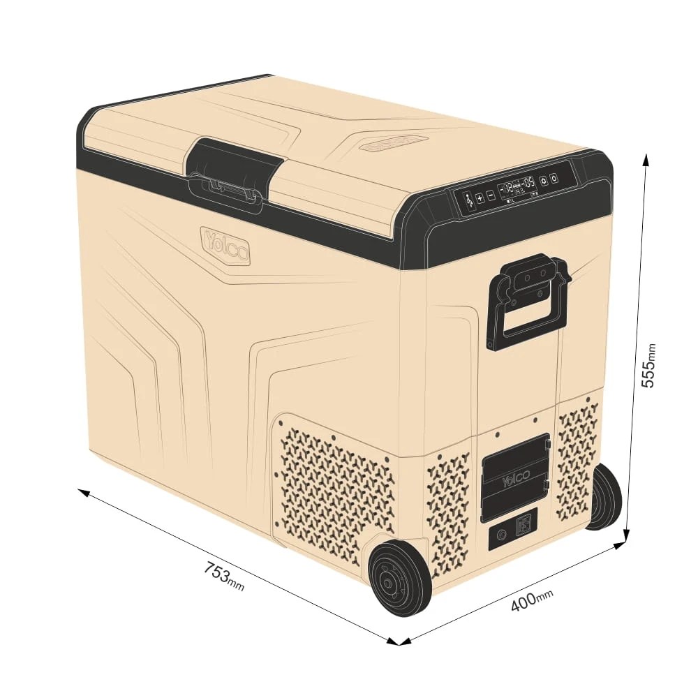 Lodówka turystyczna Yolco TCX60 Sand 63 L — rysunek techniczny z wymiarami zewnętrznymi 753 × 400 × 555 mm.webp