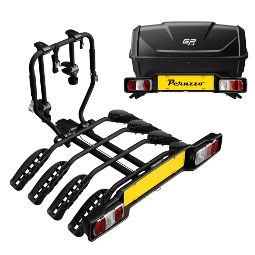Przejdź do produktu Bagażnik rowerowy na hak Peruzzo Siena 4 Czarny + Kufer GP BOX 340L