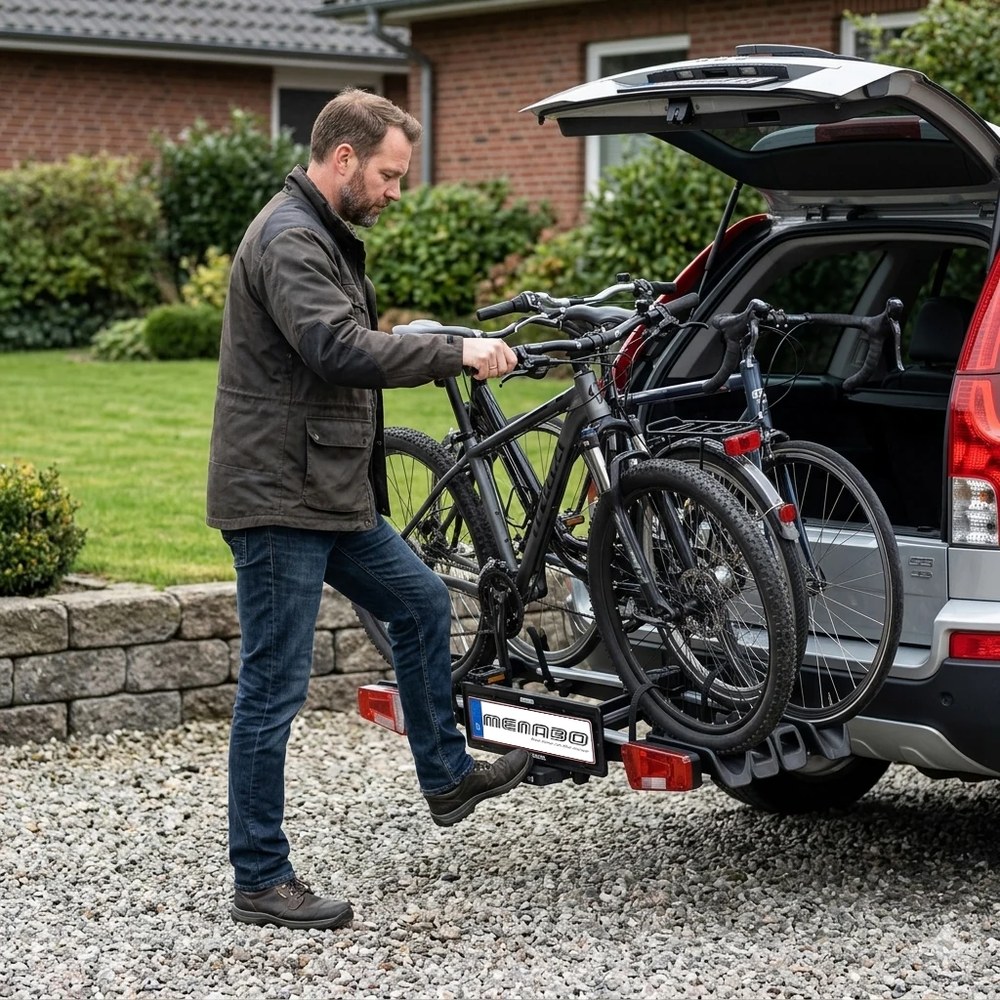 Uchylony bagażnik MENABO ORBIT 2 z rowerem — dostęp do bagażnika SUV-a bez zdejmowania roweru - Sklep motozebra