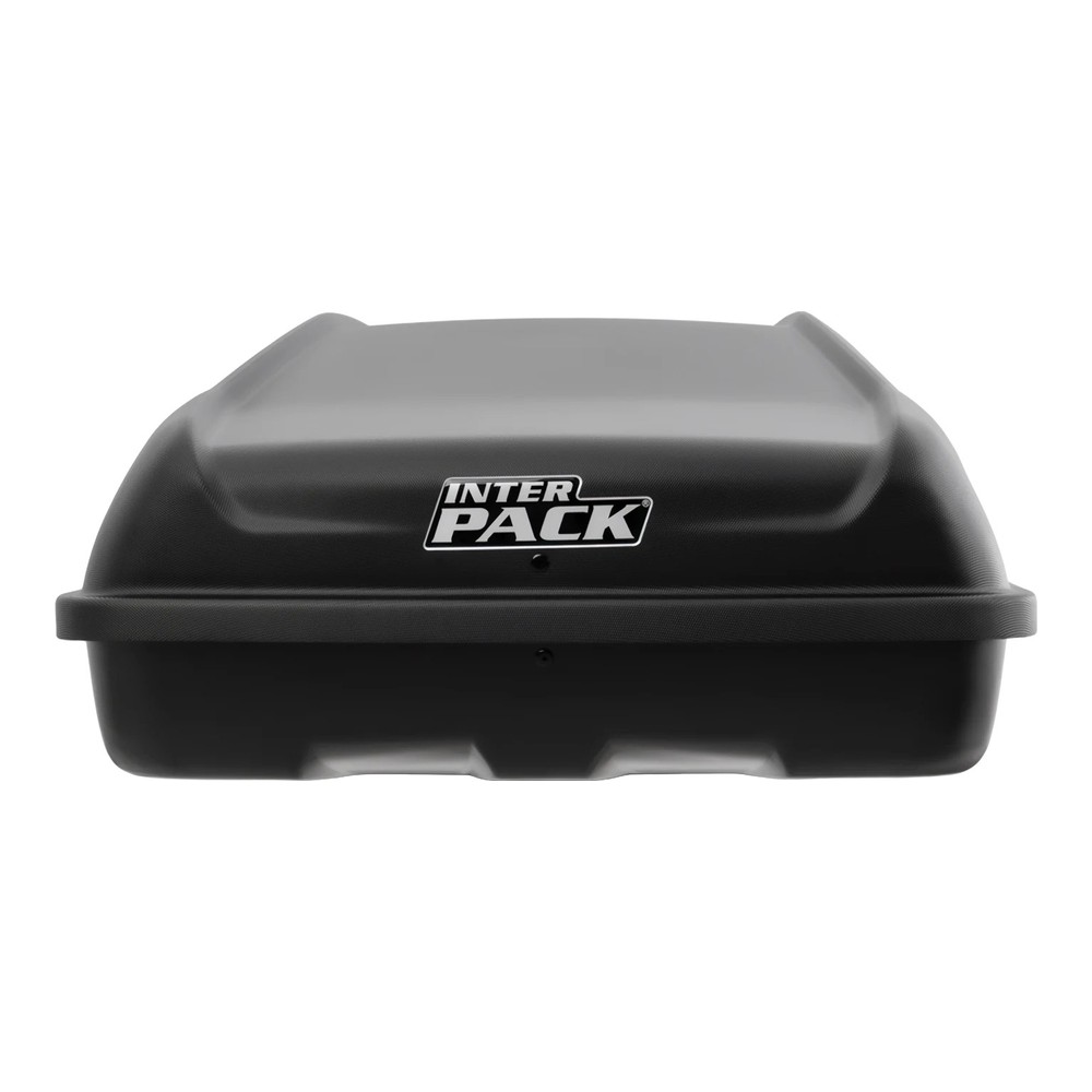 Box dachowy Inter Pack Stella 480 czarny kevlar - 390L – widok 3/4 z tyłu z prawej, logo Inter Pack BOX na pokrywie w stylu kevlar