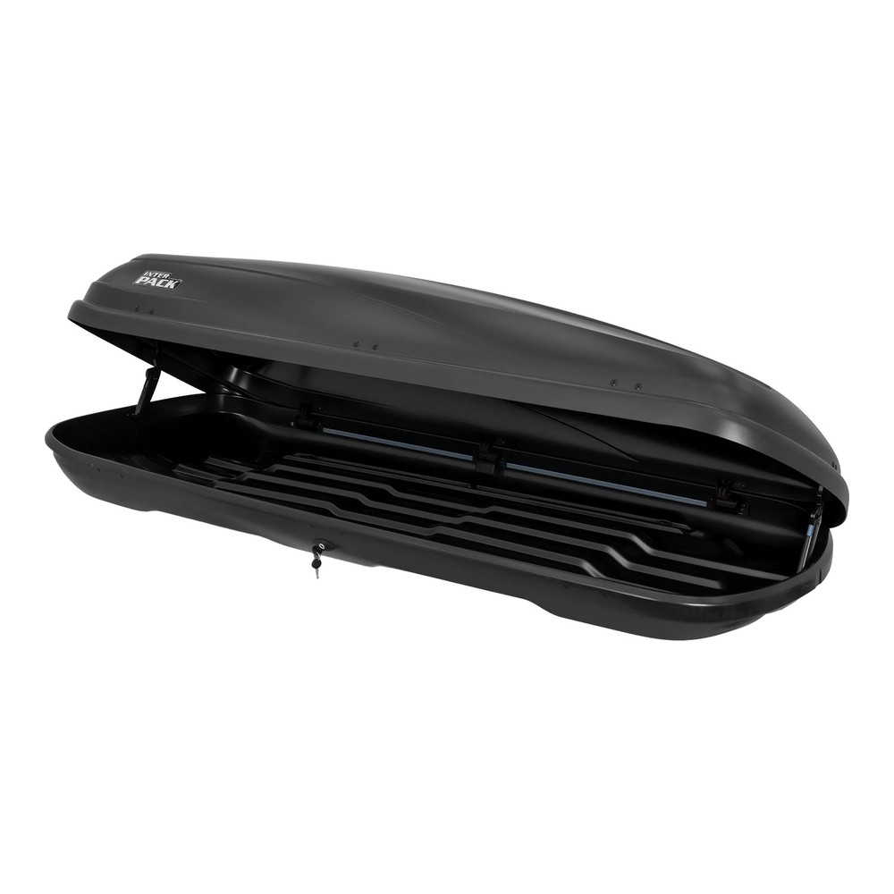 Box dachowy Inter Pack Horizon XL antracyt 550L – box otwarty z uniesioną pokrywą, panoramiczny widok wnęki 550L