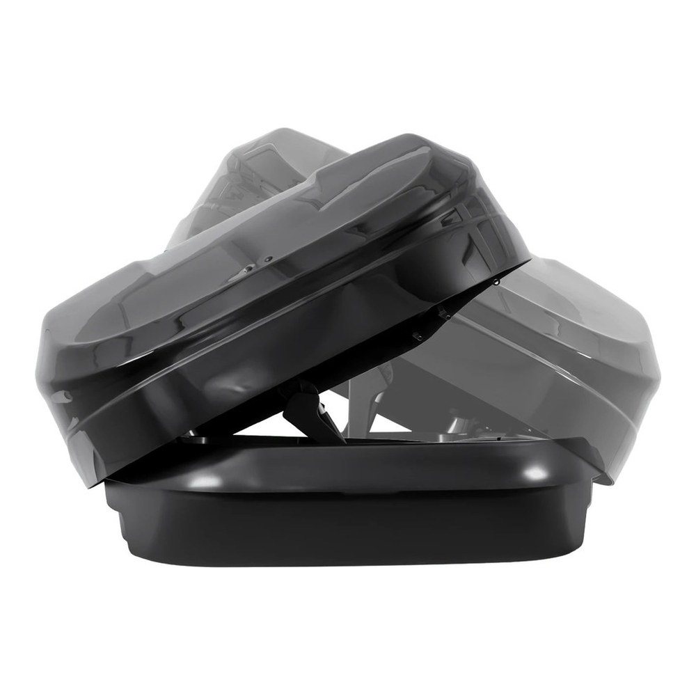 Box dachowy Inter Pack Monsun PRO L czarny metalik - 550L – packshot 3/4 z tyłu z prawej strony, logo Inter Pack BOX na czarno-metalicznej pokrywie
