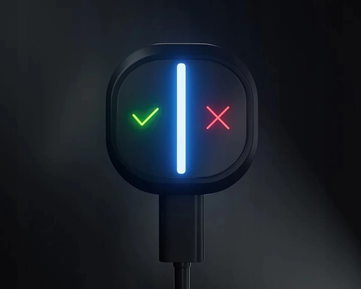 YANBOX GO podłączony przewodem USB-C podczas ładowania, z podświetlonymi przyciskami potwierdzenia i odrzucenia