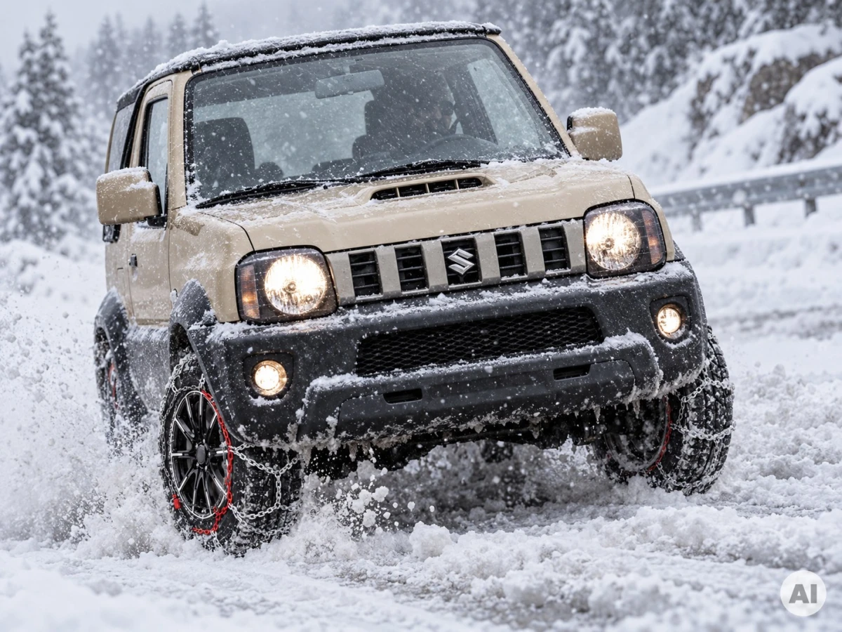 Terenowe auto z łańcuchami śniegowymi na kołach jedzie zaśnieżoną drogą