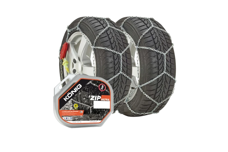 Łańcuchy śniegowe König Zip Ultra 9 grupa 80 9 mm samonapinające – komplet na dwa koła z opakowaniem - Sklep motozebra