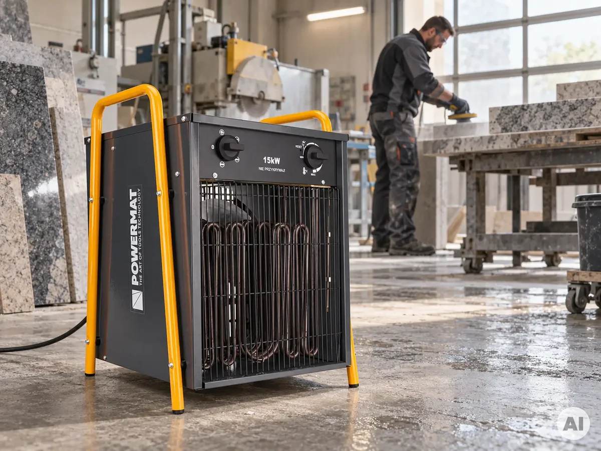 Przemysłowa nagrzewnica elektryczna POWERMAT 15 kW grzejąca halę zakładu kamieniarskiego