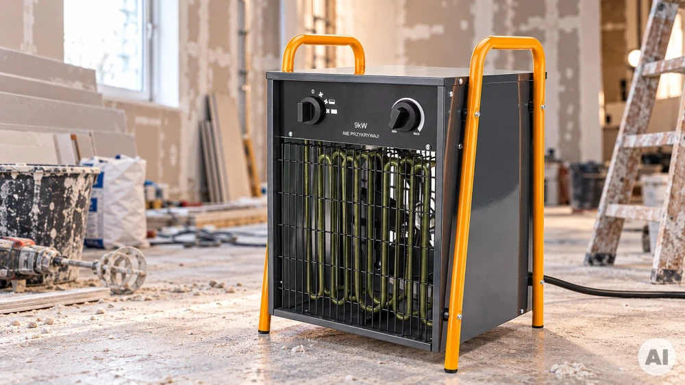 Grafika AI: Przemysłowa nagrzewnica elektryczna POWERMAT 9 kW PM-NAG-9EDN na budowie - Sklep motozebra