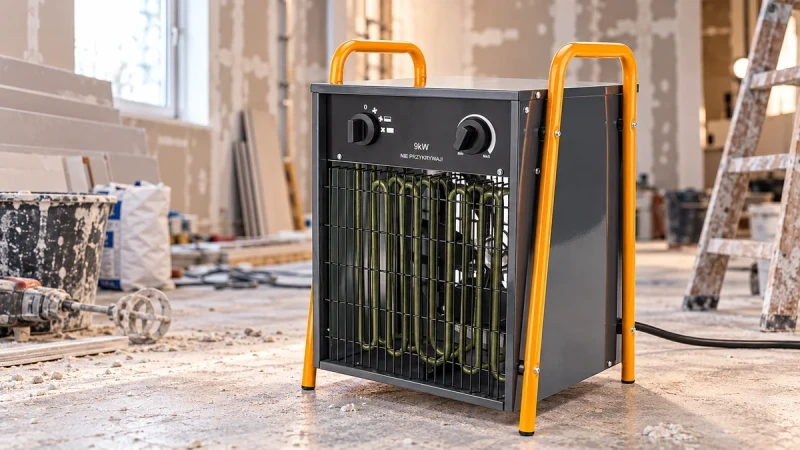 Grafika AI: Przemysłowa nagrzewnica elektryczna POWERMAT 9 kW PM-NAG-9EDN na budowie - Sklep motozebra