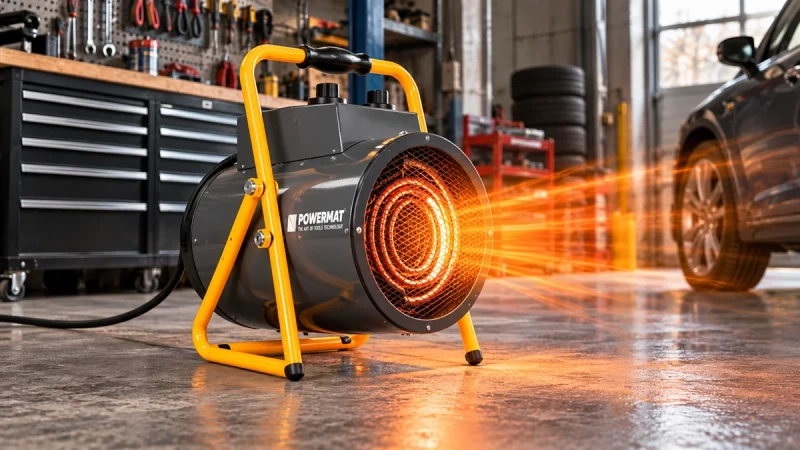 Grafika AI: Nagrzewnica elektryczna POWERMAT 9 kW PM-NAG-9EN w warsztacie samochodowym - Sklep motozebra