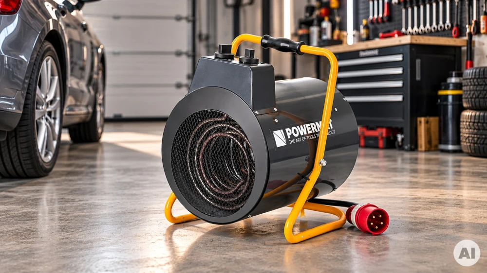 Grafika AI: Nagrzewnica elektryczna POWERMAT 9 kW PM-NAG-9EN z wtyczką 16 A w garażu - Sklep motozebra