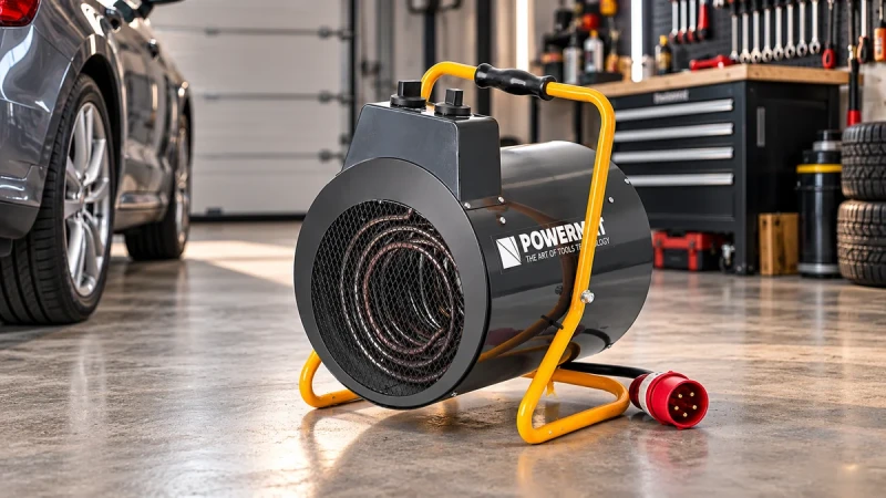 Grafika AI: Nagrzewnica elektryczna POWERMAT 9 kW PM-NAG-9EN z wtyczką 16 A w garażu - Sklep motozebra