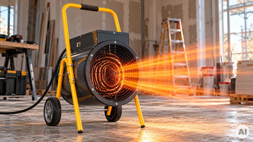 Grafika AI: Nagrzewnica elektryczna POWERMAT 15 kW PM-NAG-15EN na kołach w warsztacie - Sklep motozebra