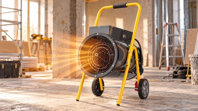 Grafika AI: Nagrzewnica elektryczna POWERMAT 15 kW PM-NAG-15EN na kołach na budowie - Sklep motozebra