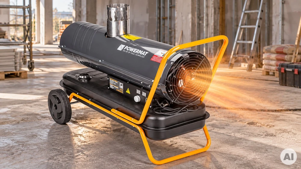 Grafika AI: Nagrzewnica olejowa z kominem POWERMAT 30 kW PM-NAG-30SKN na budowie - Sklep motozebra