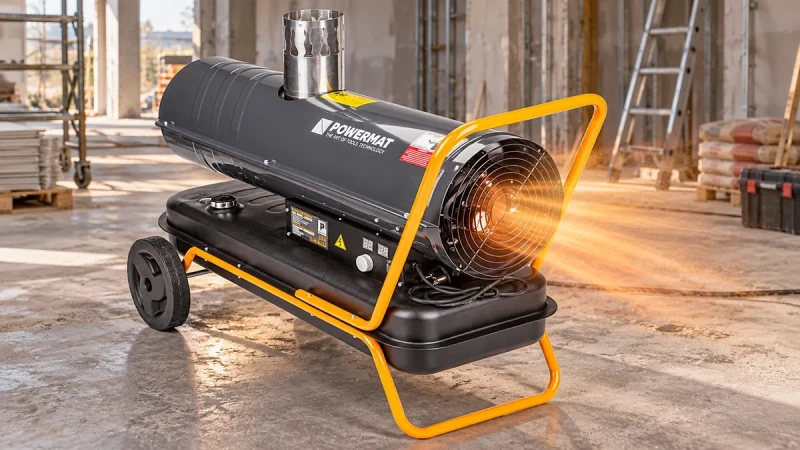 Grafika AI: Nagrzewnica olejowa z kominem POWERMAT 30 kW PM-NAG-30SKN na budowie - Sklep motozebra