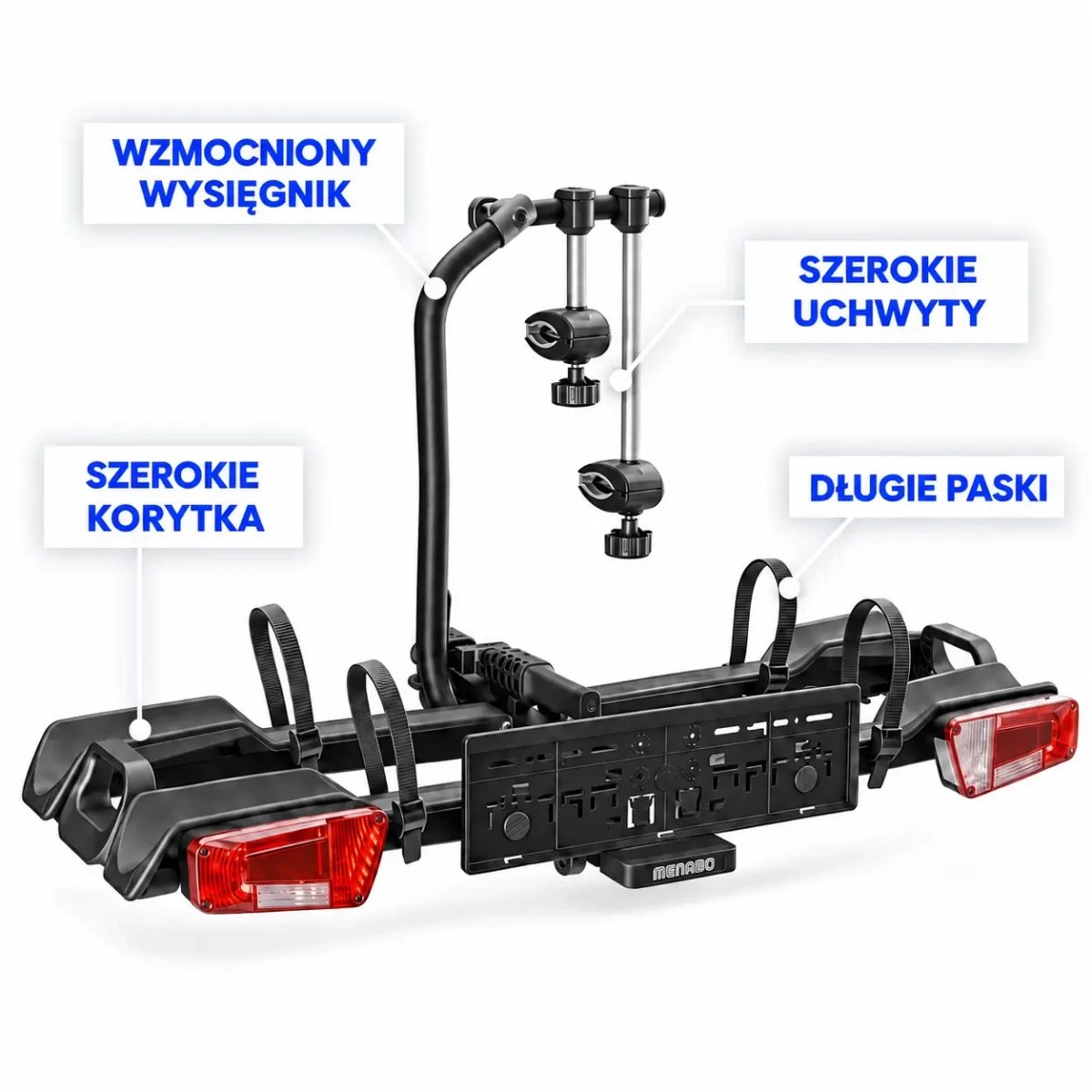 Infografika bagażnika rowerowego na hak Menabo — wzmocniony wysięgnik, szerokie korytka, szerokie uchwyty - Sklep motozebra