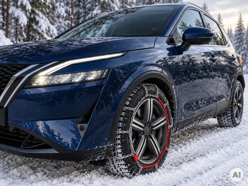 Grafika AI: Granatowy SUV z łańcuchami śniegowymi Campcar KNS 95 9 mm na śniegu - Sklep motozebra