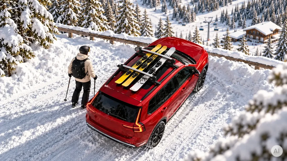 Czerwony SUV z żółtymi nartami i deską snowboardową w uchwycie dachowym, narciarz na ośnieżonej drodze - Sklep motozebra