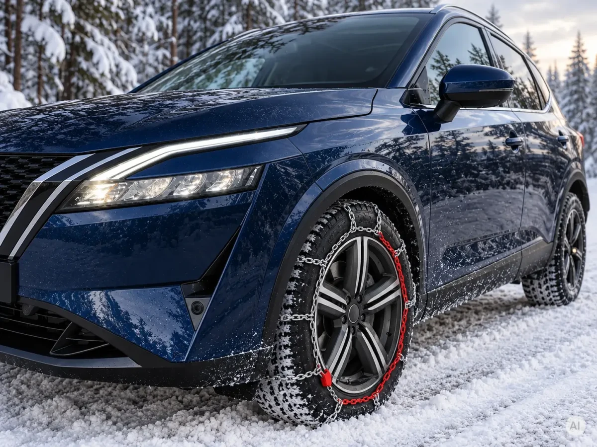 Stalowy łańcuch śniegowy z czerwonym łańcuchem bocznym na kole z alufelgą granatowego SUV-a na śniegu - Sklep motozebra
