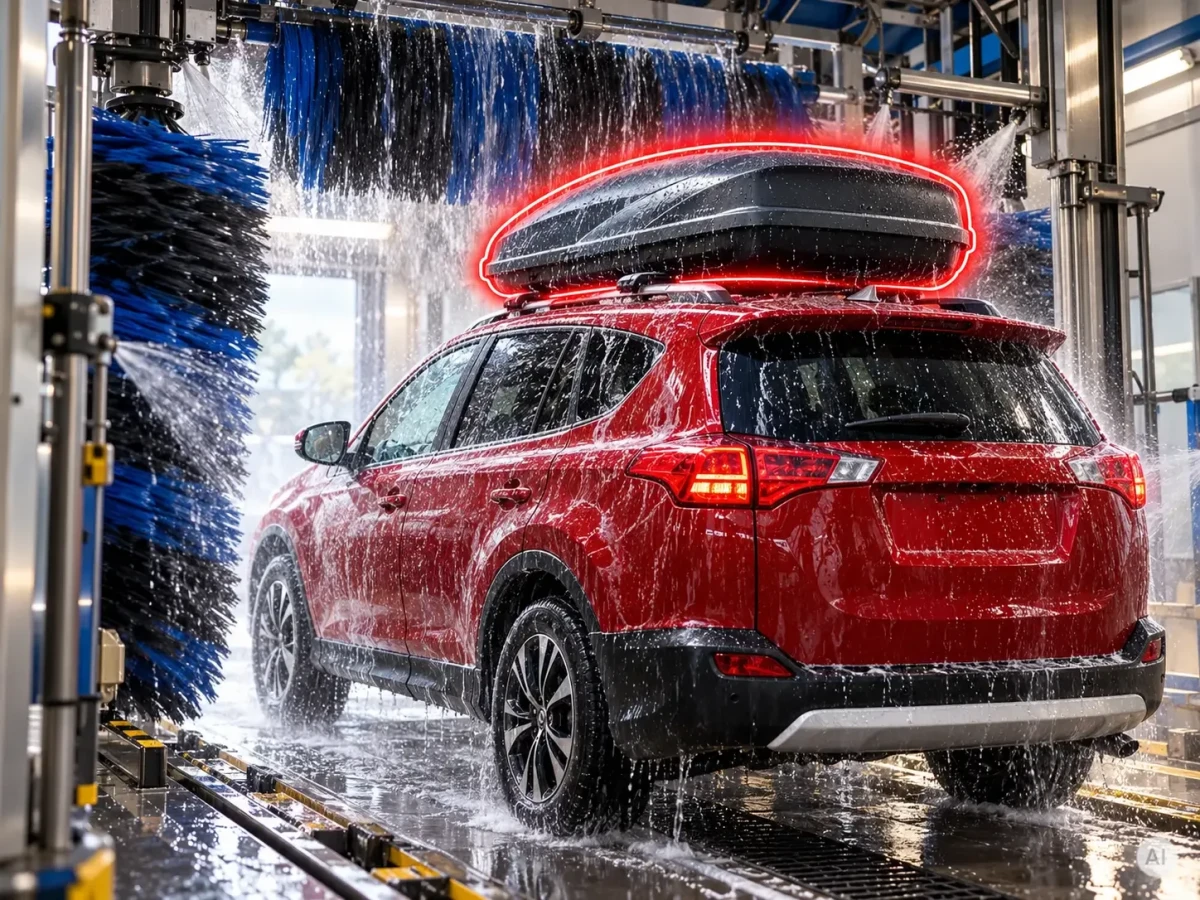 Czerwony SUV z ciemnym boxem dachowym na relingach podczas mycia w myjni automatycznej ze szczotkami - Sklep motozebra