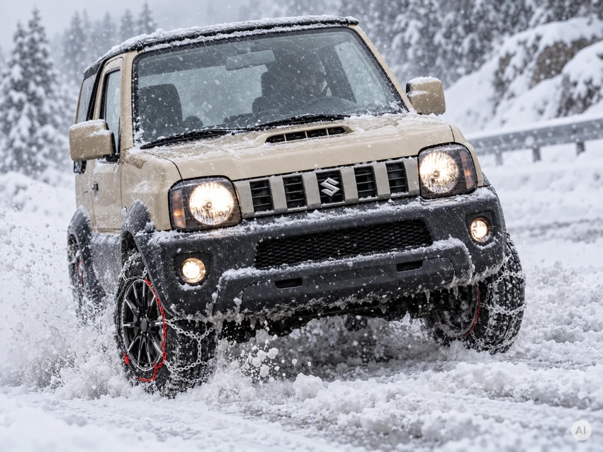 Terenowe auto 4×4 z łańcuchami śniegowymi na przednich kołach jedzie przez głęboki śnieg - Sklep motozebra