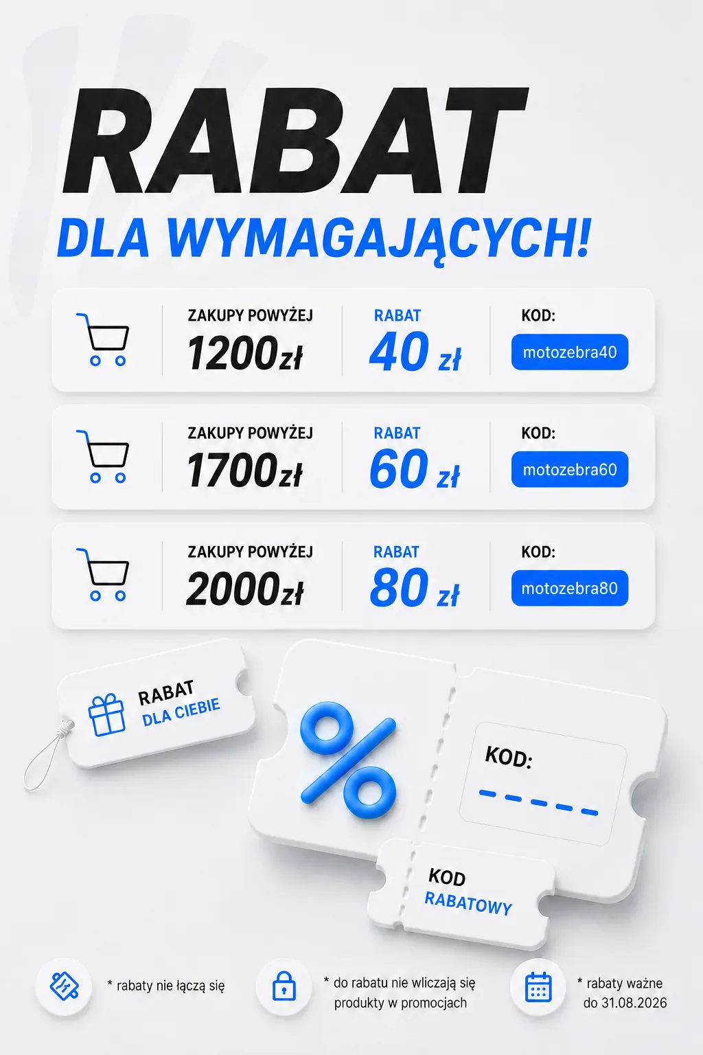 Banner z kodami promocyjnymi motozebra40 od 1200zł motozebra60 od 1700zł motozebra80 od 2000zł