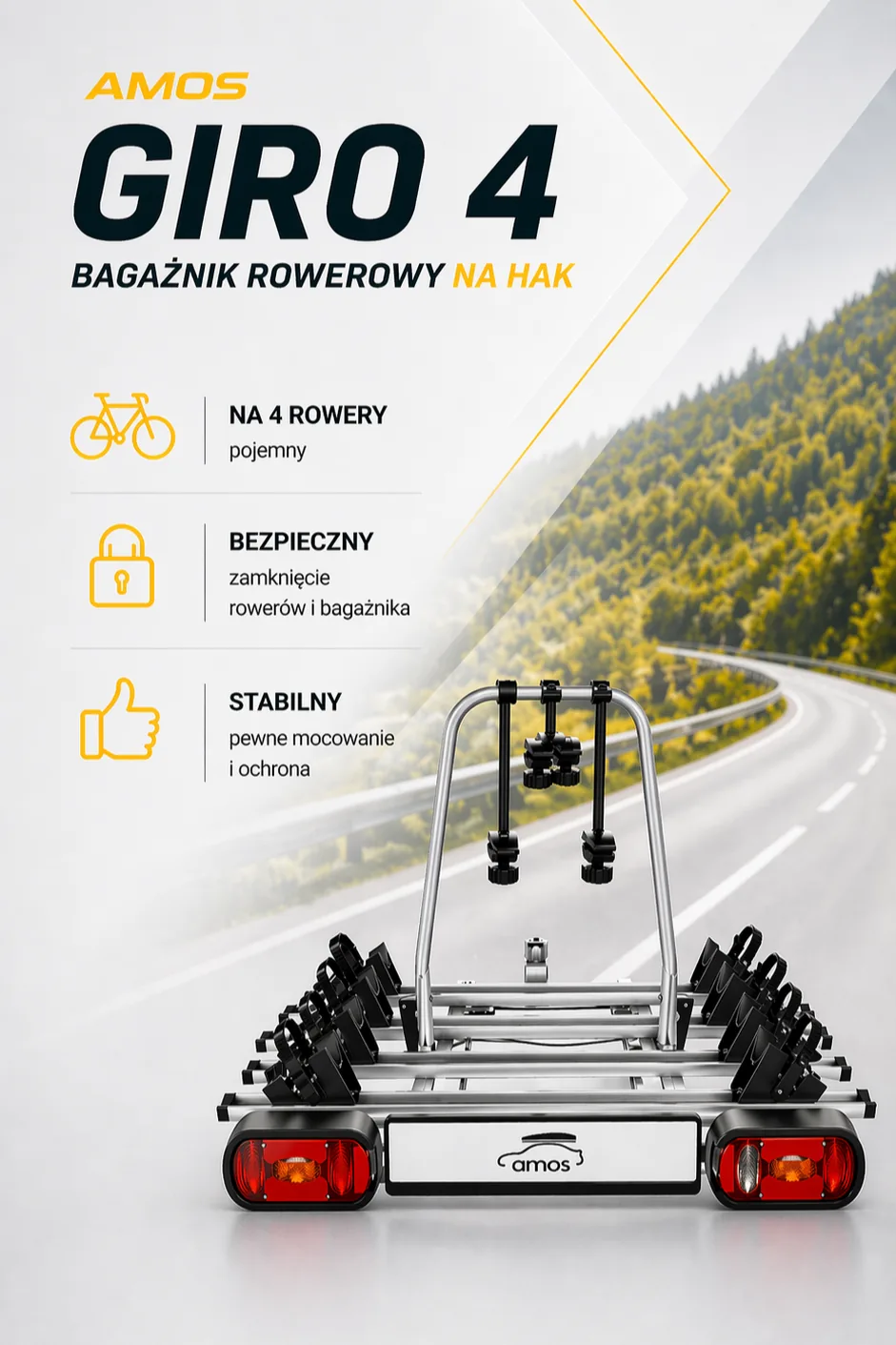 Banner reklamowy prezentujący bagażnik rowerowy na hak Amos Giro 4