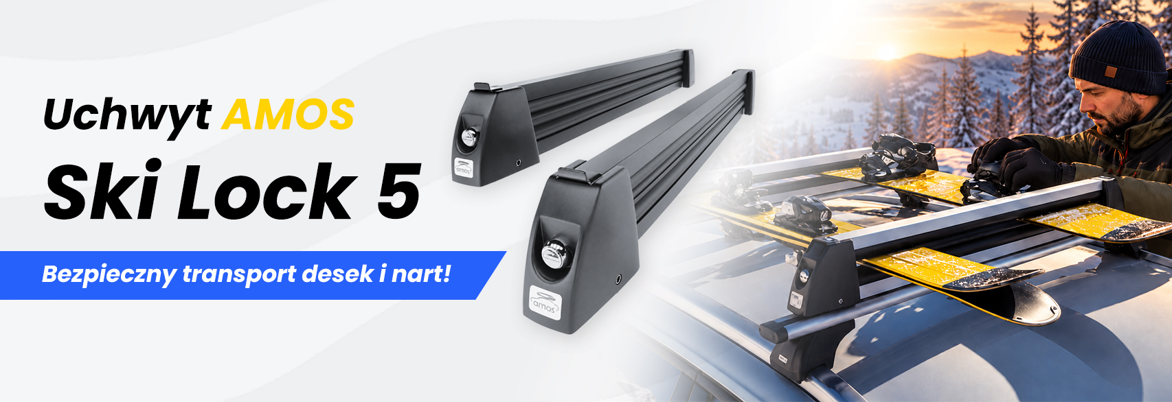Banner z prezentacja uchwytów na narty i deski marki AMOS SKI LOCK 5