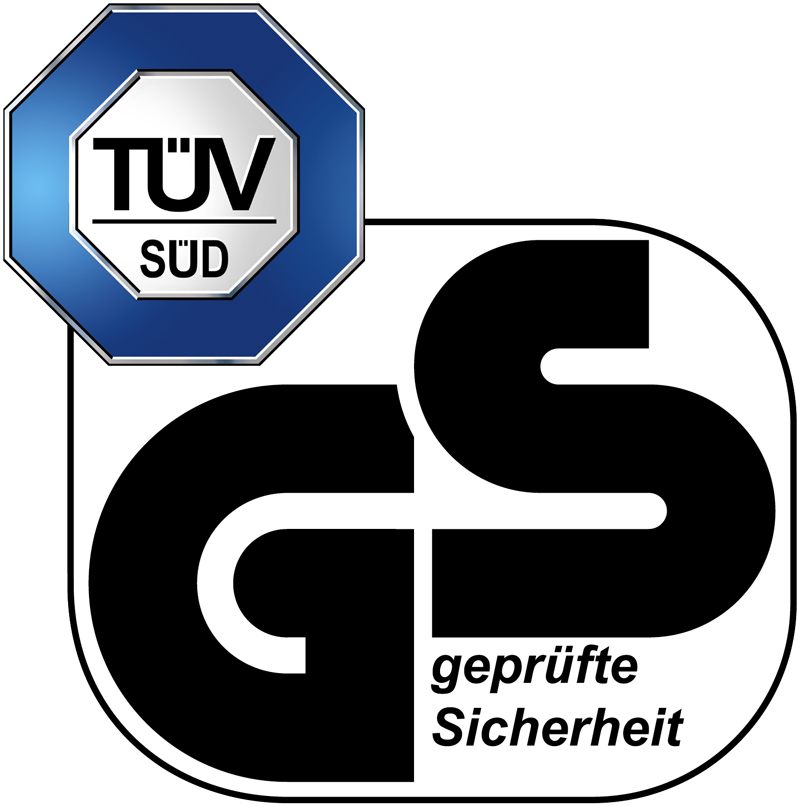 Znaki certyfikatów TÜV SÜD oraz GS geprüfte Sicherheit – potwierdzone bezpieczeństwo