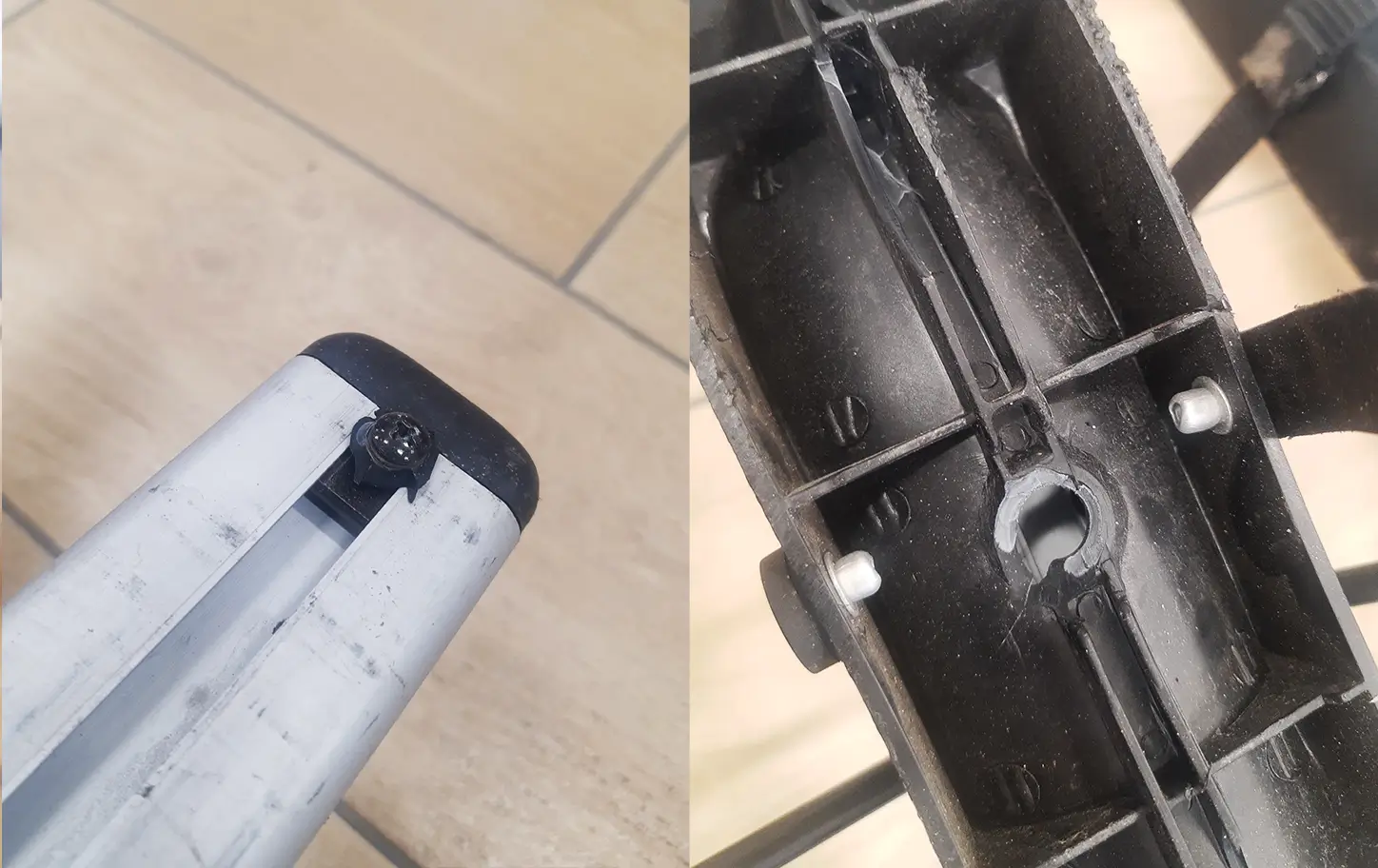 Odłamany plastikowy element mocowania w bagażniku rowerowym z marketu