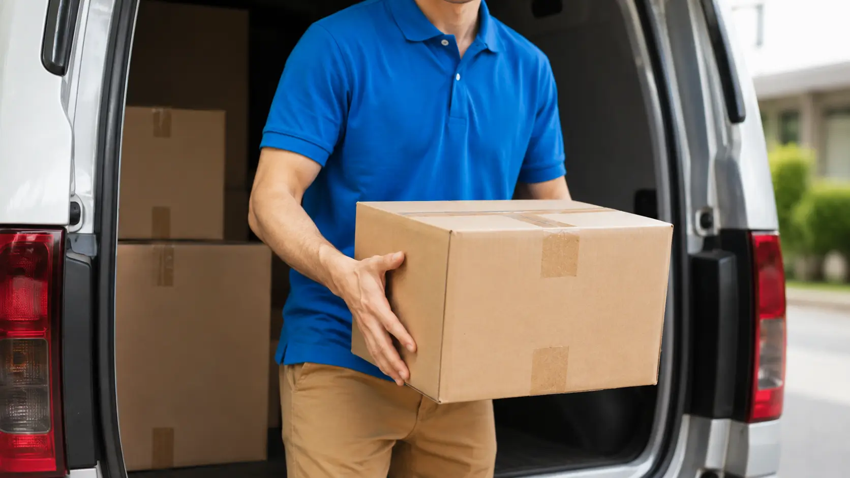 Kurier z paczką przy samochodzie dostawczym – koszt dostawy motozebra
