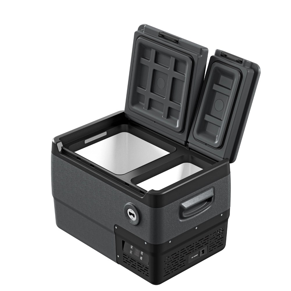Wnętrze lodówki Yolco DX30 Grey z otwartą pokrywą — dwie komory Dual Zone