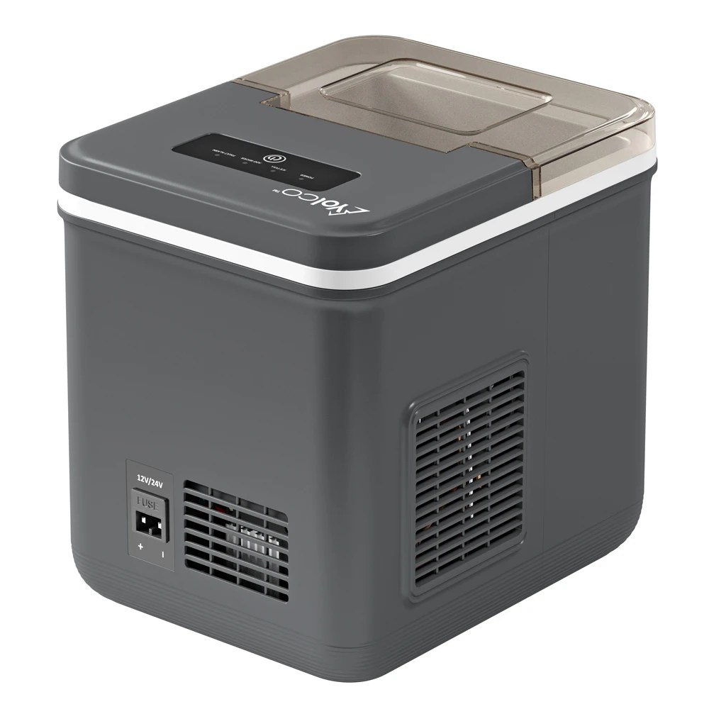 Kostkarka do lodu Yolco ICM1 Space Grey — gniazdo zasilania 12V/24V i wentylacja z boku obudowy