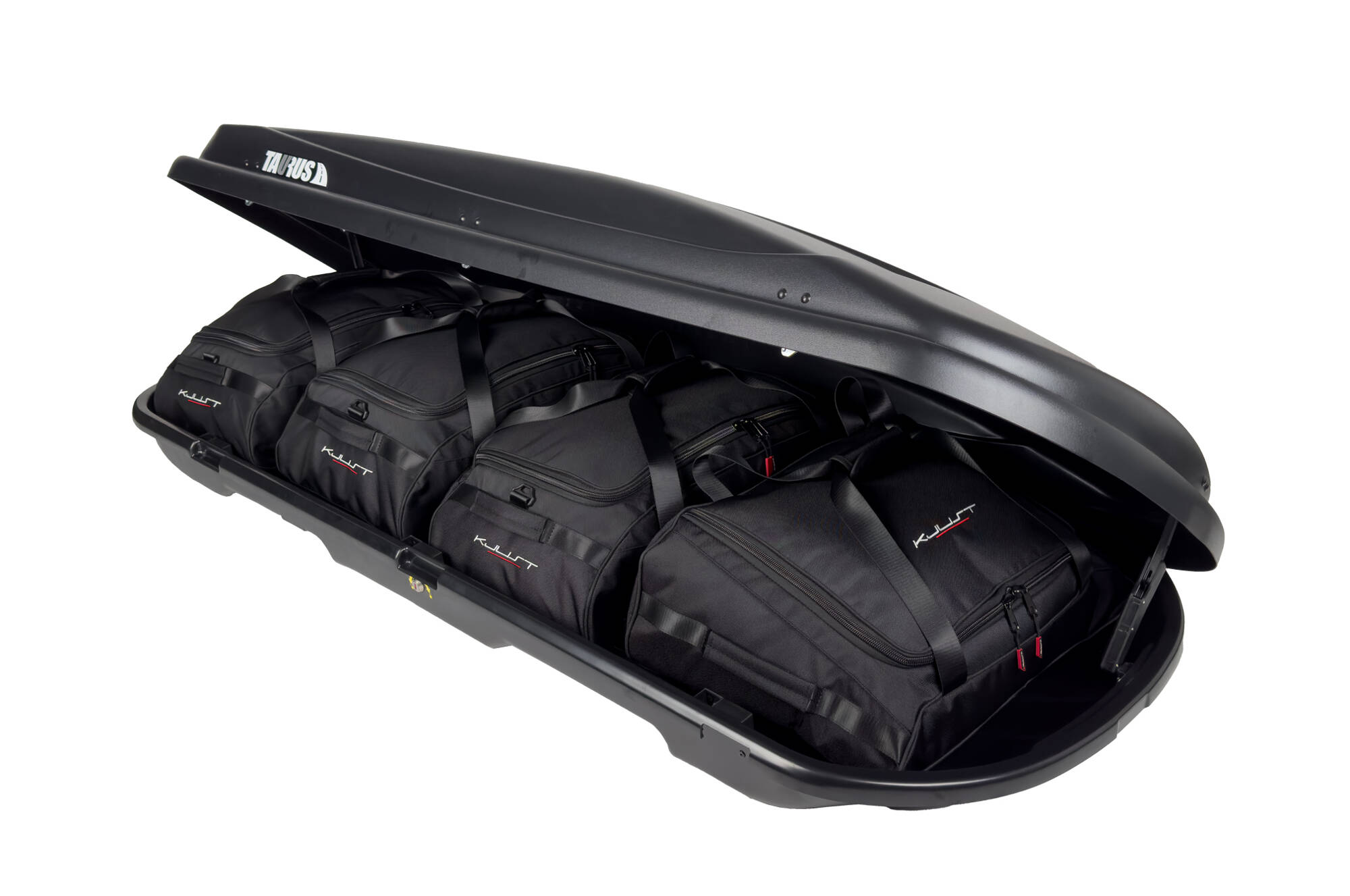 Torby KJUST do boksu dachowego Taurus Xtreme 400 — torby ułożone w boksie