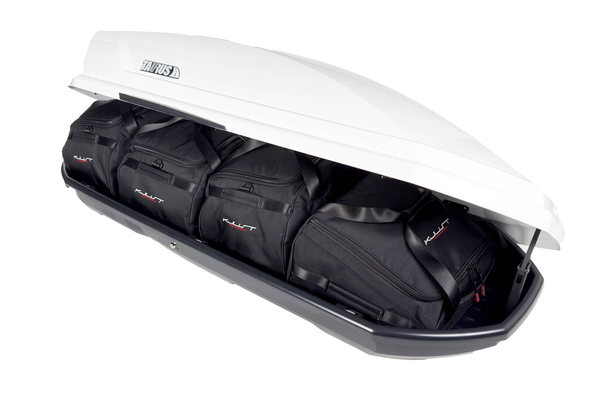 Torby KJUST do boksu dachowego Taurus Adventure 340 — torby ułożone w boksie
