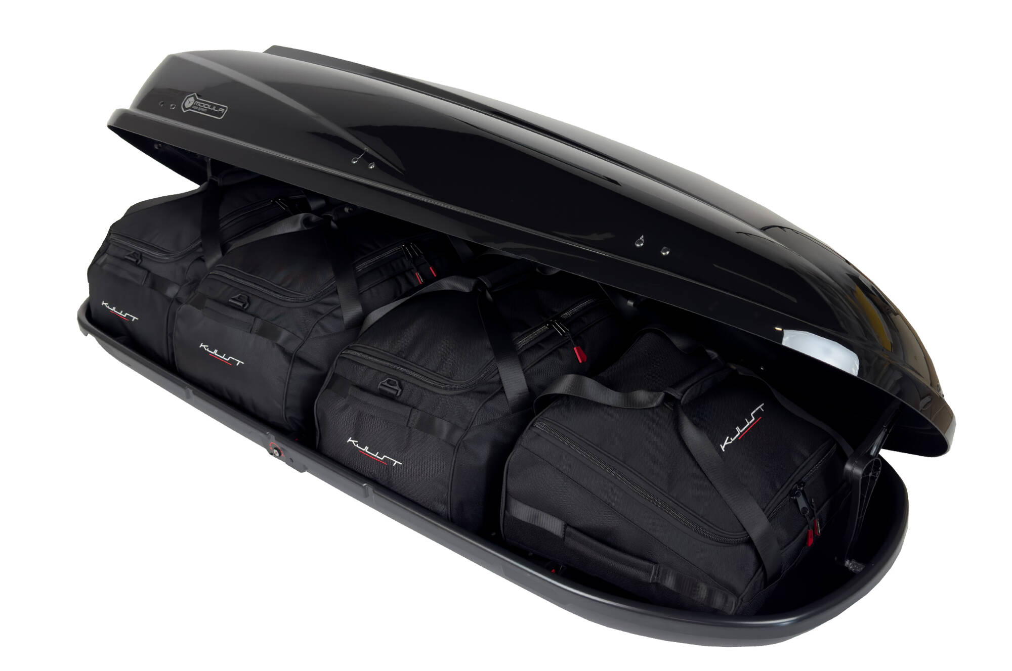 Torby KJUST do boksu dachowego Modula Travel Easy 460 — torby ułożone w boksie