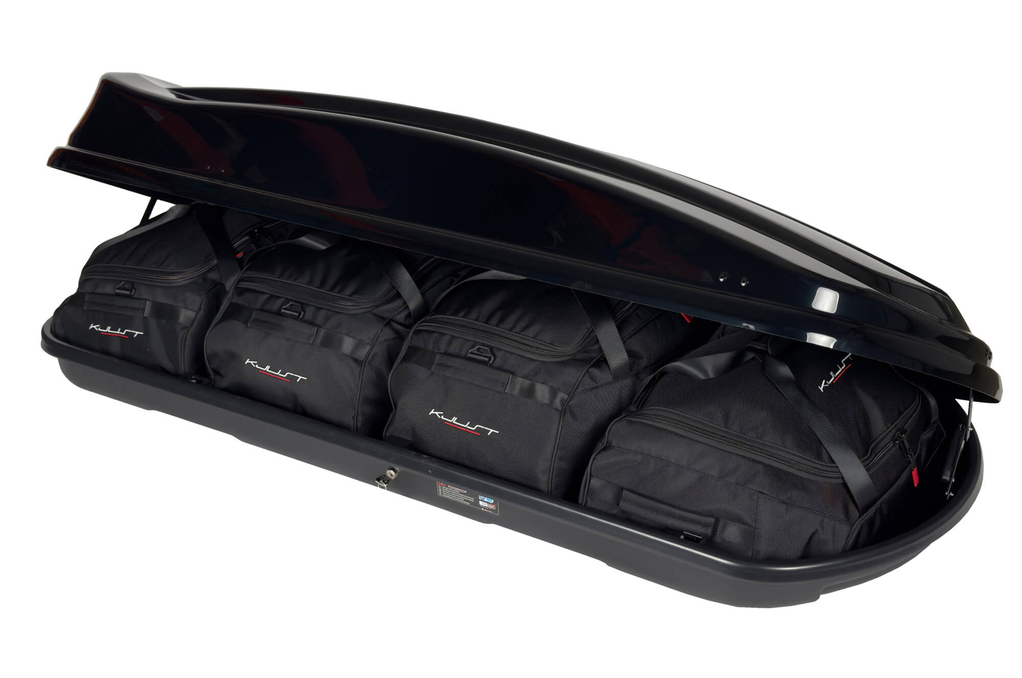 Torby KJUST do boksu dachowego LevUp Space 430 DUO — torby ułożone w boksie