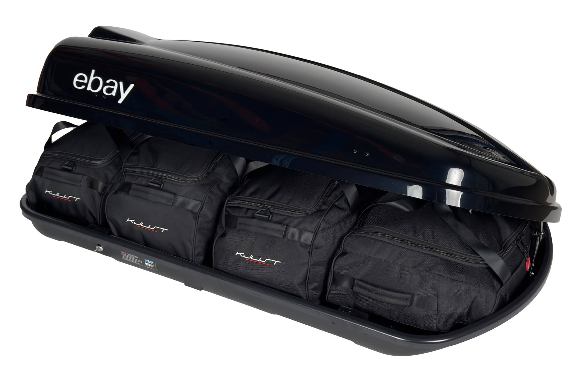 Torby KJUST do boksu dachowego LevUp Ebay Edition 420 — torby ułożone w boksie
