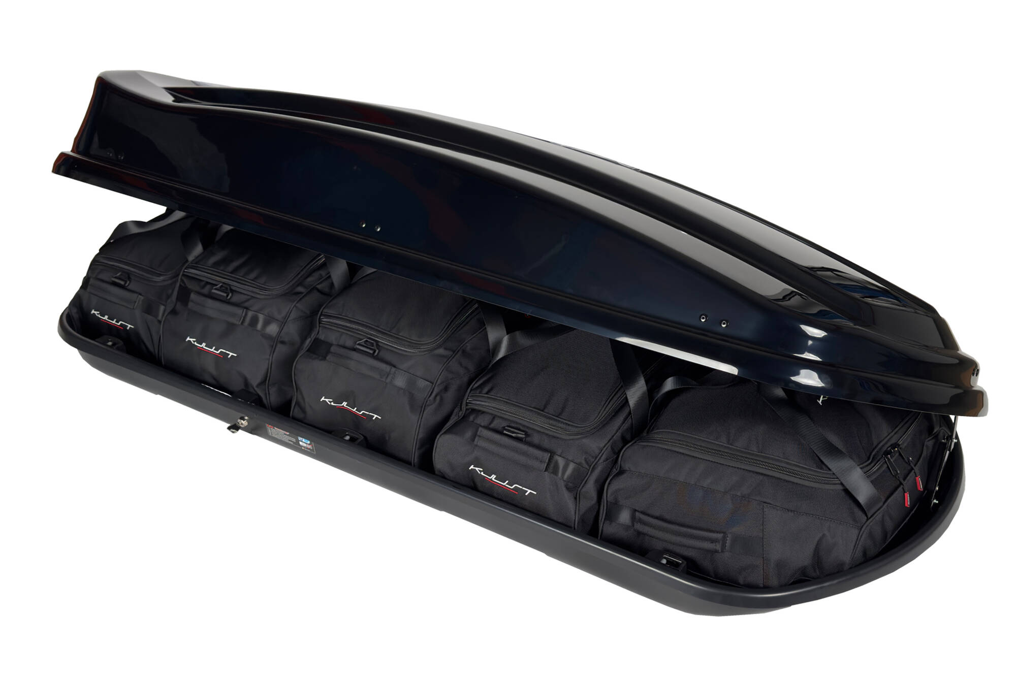 Torby KJUST do boksu dachowego LevUp Space 530 DUO — torby ułożone w boksie