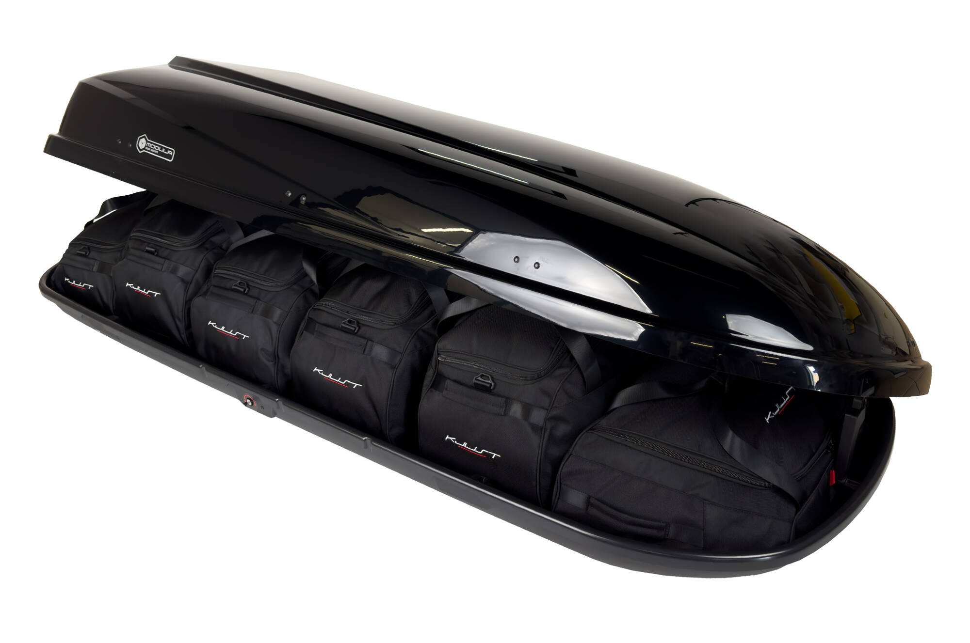 Torby KJUST do boksu dachowego Modula Travel Exclusive 650 — torby ułożone w boksie